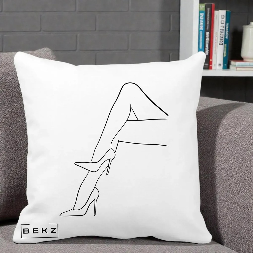 Perna Decorativa Picioare cu Tocuri Line Art, 40x40 cm, Alba Mata, Husa Detasabila, Perna Inclusa, BEKZ®