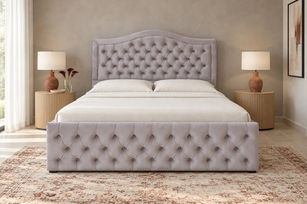 Pat tapițat Chesterfield din catifea Solaria Deluxe 120×200 cm, gri deschis, cu ladă de depozitare