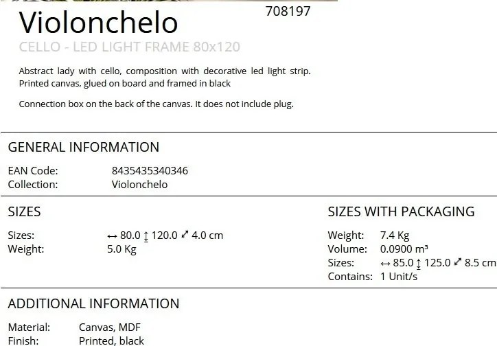 Tablou cu iluminat LED imprimat pe panza Violonchelo 80x120cm