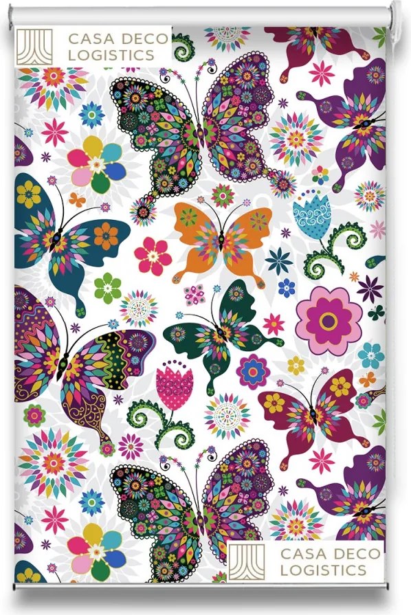 Roletă textilă Floral 8009 albă cu fluturi și flori colorate