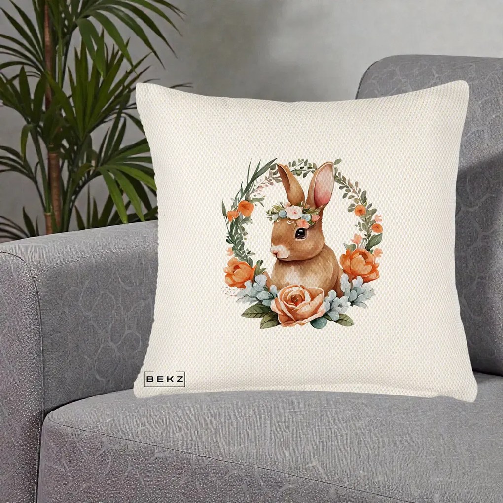 Perna Decorativa Iepuras Floral Coronita Acuarela, 40x40 cm, Crem Reliefat, Husa Detasabila, Perna Inclusa, BEKZ®