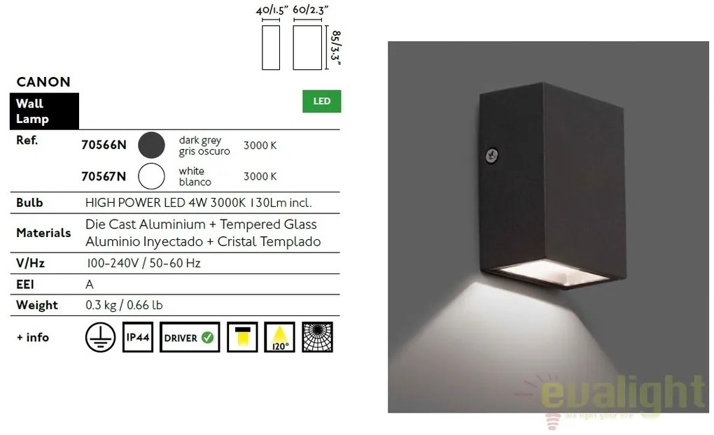 Aplica LED de perete exterior IP44 CANON-2 gri inchis 70566N