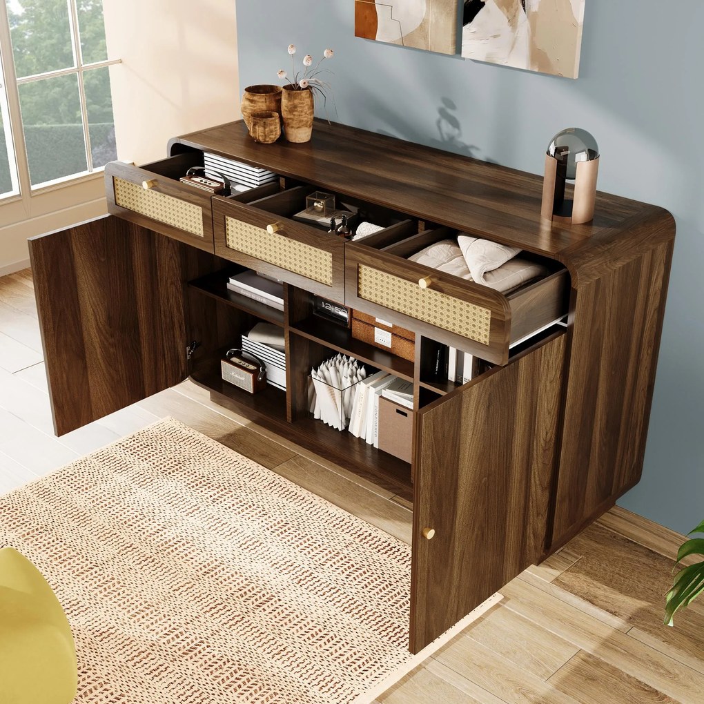 Comodă bufet, 3 sertare + 2 dulapuri cu raft central deschis și fețe din ratan, 120x40x85 cm, Maro