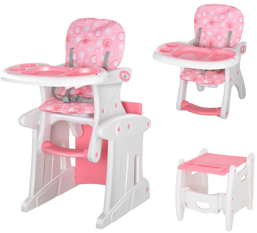 HOMCOM Scaun înalt pentru bebeluși 2-în-1 pentru 6 luni până la 6 ani transformabil în masă și scaun multifuncțional reglabil în 3 poziții spătar înalt captușit cu 2 tăvi detașabile 57x59x105 cm roz | Aosom Romania