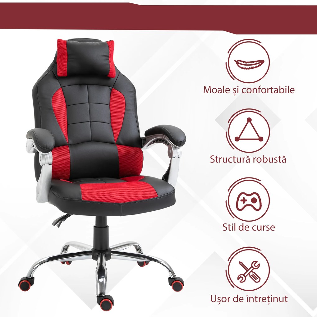 HOMCOM Scaun Gaming Ergonomic cu Inclinare Suport Lombar Tetieră Piele Ecologică Roșu Negru | Aosom Romania