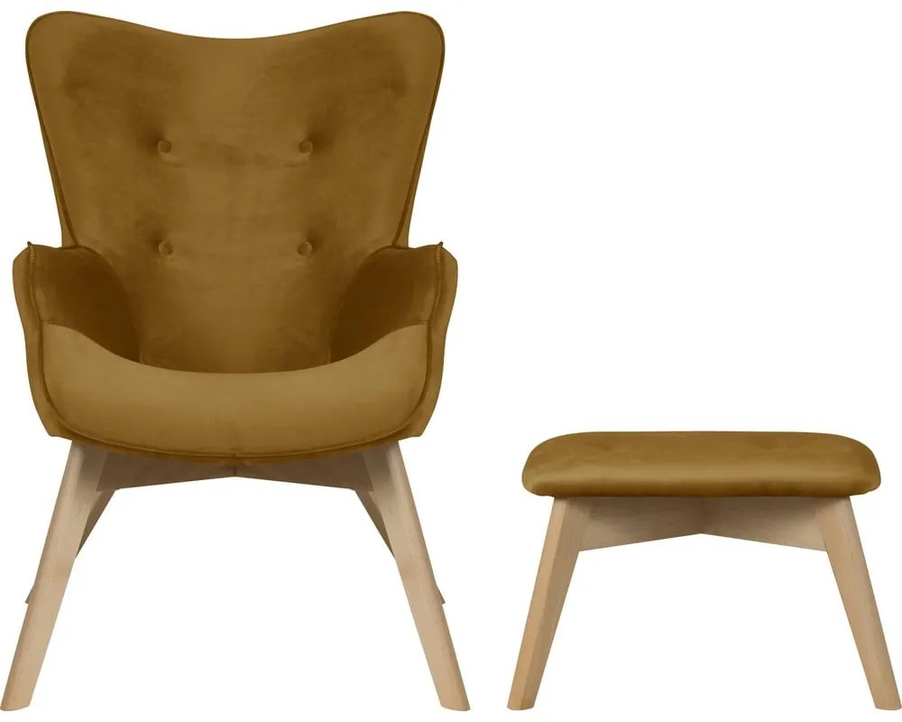 Fotoliu cu taburet galben muștar cu tapițerie din catifea Niko – Ropez
