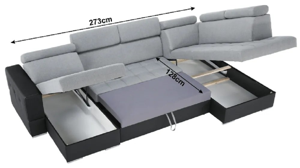 Colţar extensibil, piele ecologică neagră/material textil gri deschis, model stânga, VASTO