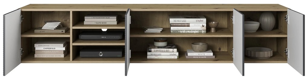 Comodă TV suspendată Asha 200 cm cu front canelat și nișă - artisan / rivier stone mat