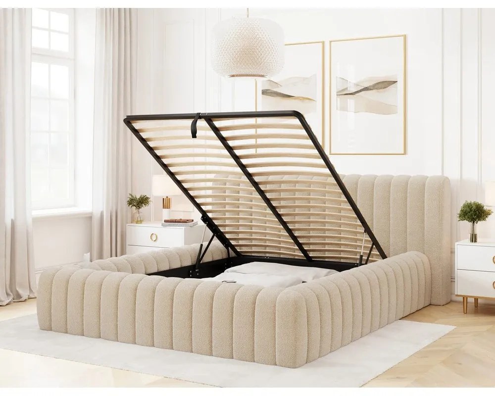 Pat matrimonial bej tapițat cu spațiu de depozitare cu somieră 180x200 cm Carilla – ELTAP