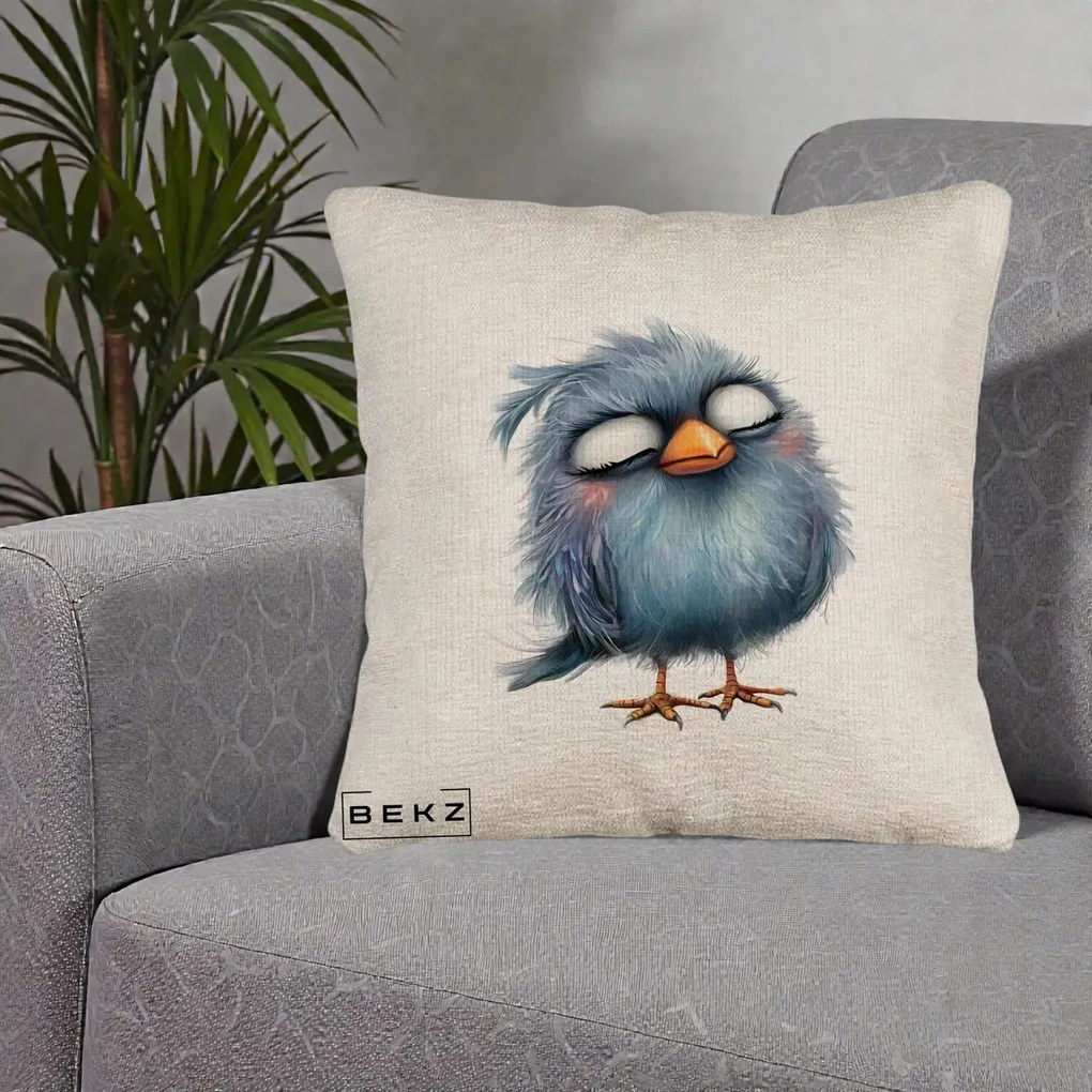 Perna Decorativa Pui Pufos Albastru Adormit, 40x40 cm, Bej Canapea, Husa Detasabila, Perna Inclusa, BEKZ®