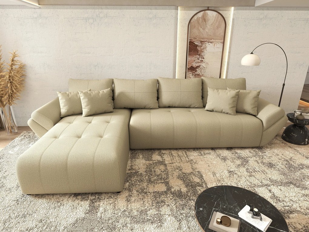 Colțar extensibil dumonde cu ladă de depozitare si sezut confortabil din spuma high-density, Berlin XL Enjoy Camel 350x185 cm