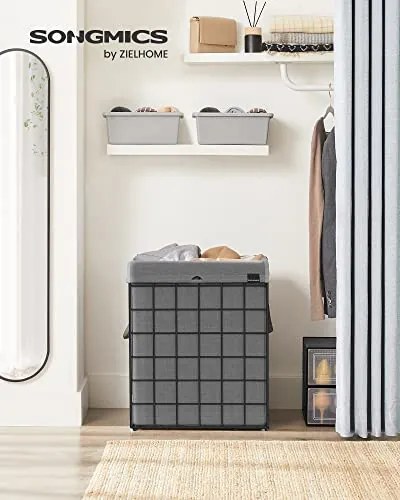 Cos de rufe pliabil cu sac detasabil, metal / textil, gri / negru, Songmics