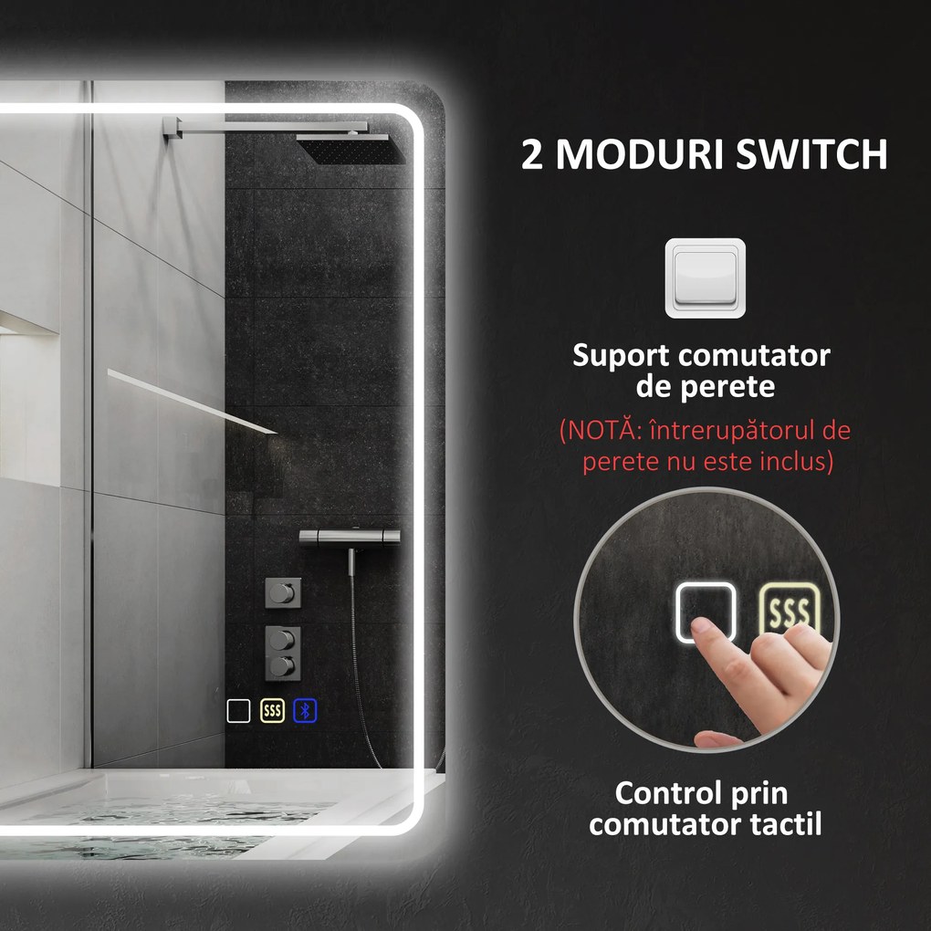 HOMCOM Oglindă de Baie Bluetooth LED 50 x 70 cm cu Anticeață - Argintiu | Aosom Romania