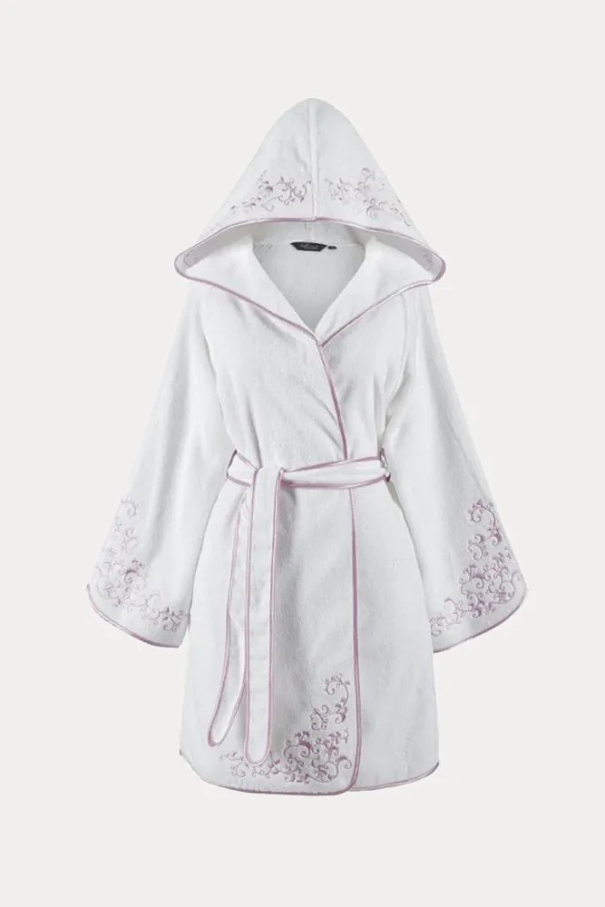Halat scurt de damă RENGIN, cu glugă M Alb - broderie violet / Lila embroidery