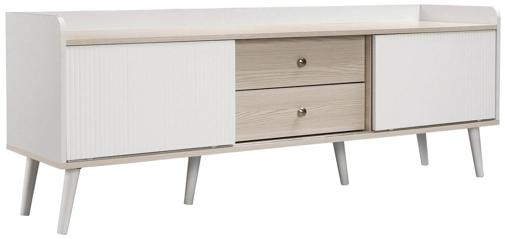 Comodă TV cu 2 sertare, uși glisante cu dungi și picioare stabile din lemn, 160x40x58 cm, Alb