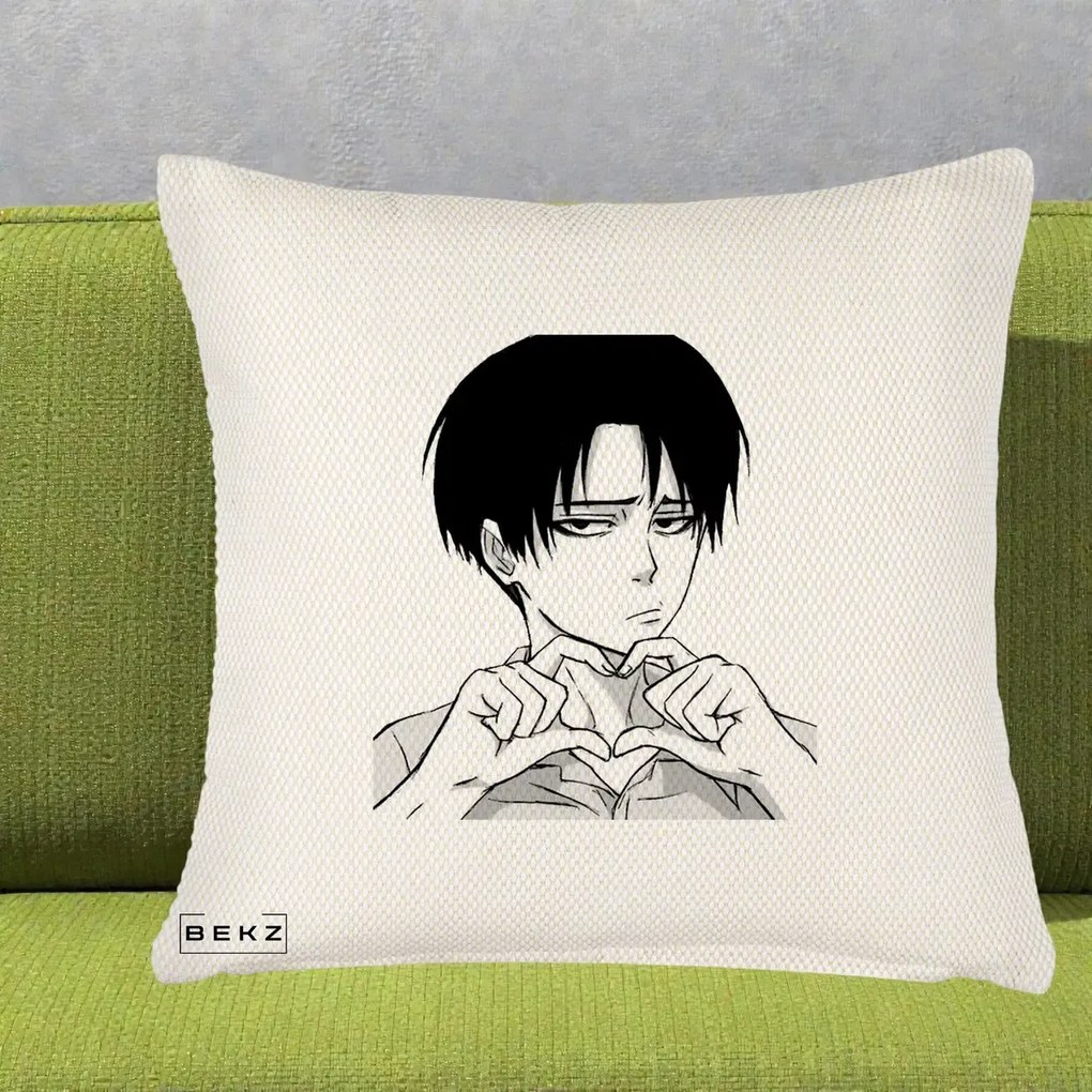 Perna Personalizata Levi Ackerman Inima, 40x40 cm, Crem Reliefat, Husa Detasabila, Perna Inclusa, BEKZ®