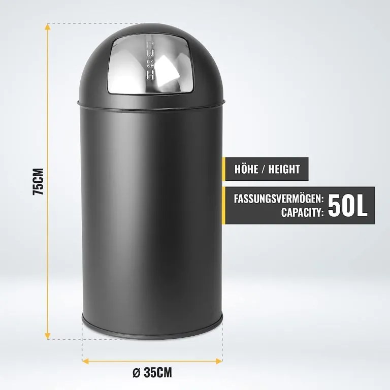 Jago Coș cu capac push, 50 L, oțel inoxidabil, negru