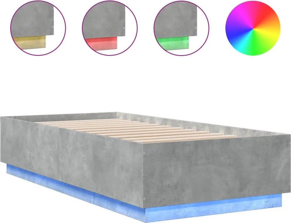 vidaXL Cadru de pat cu lumini LED gri beton 100x200 cm, lemn prelucrat