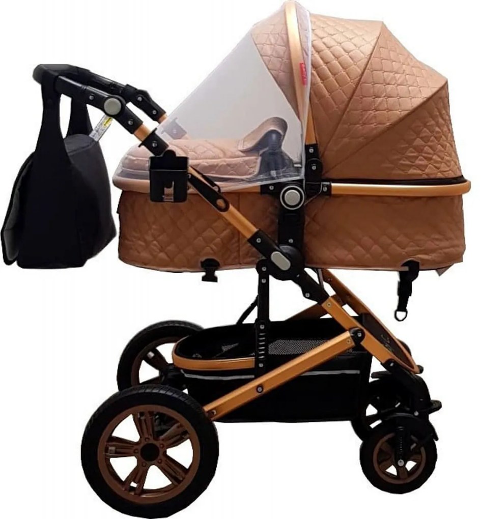 Carucior nou nascuti 3 in 1 Baby Care™ PRO 530, Cu geanta bebe, Cadru Aluminiu Gold, Amortizoare, Roti din cauciuc plin AVE, Landou, Scoica auto,