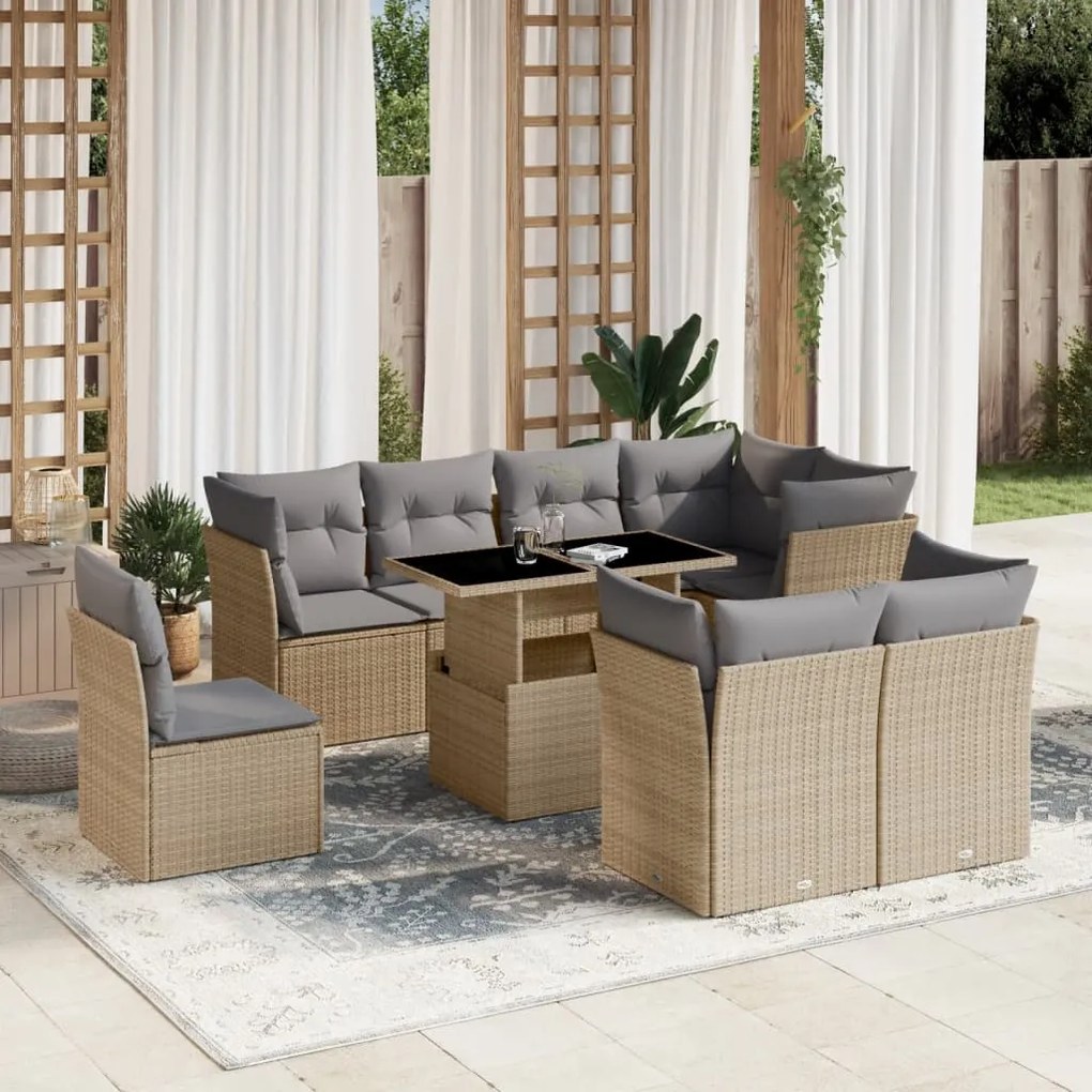 vidaXL Set canapele de grădină, 9 piese, cu perne, bej, poliratan