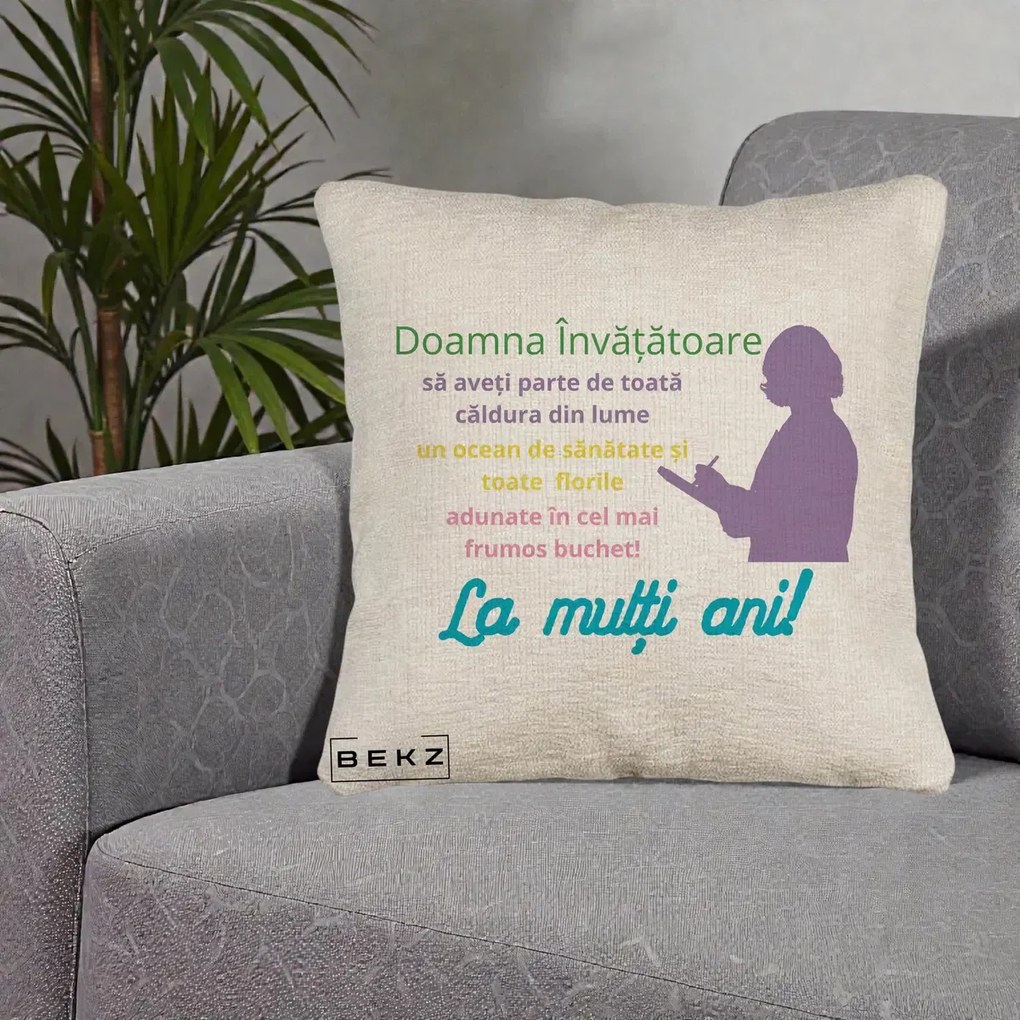 Perna personalizata invatatoare: Doamna invatatoare, La multi ani, 40x40 cm cu Umplutura, Bej Canapea, BEKZ