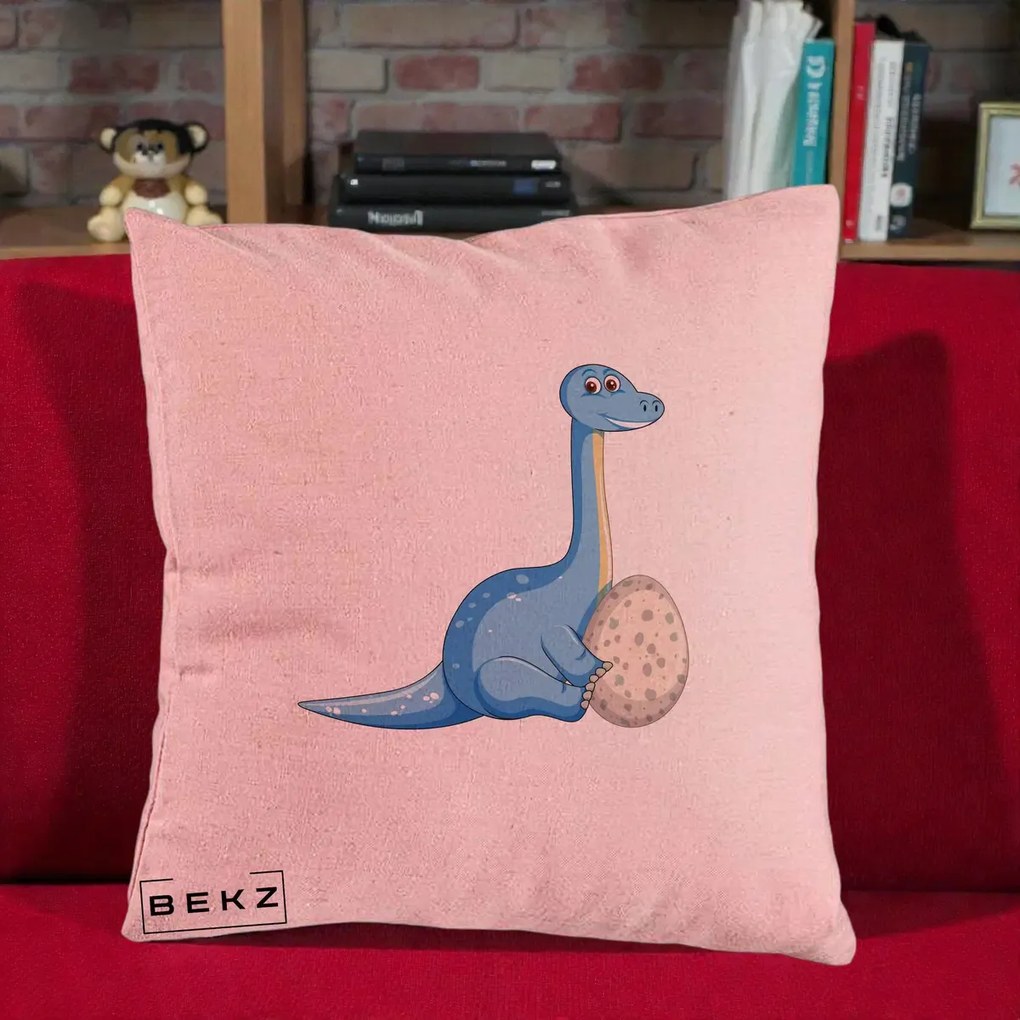 Perna Decorativa Brontosaur cu Ou, 40x40 cm, Roz, Husa Detasabila, Perna Inclusa, BEKZ®