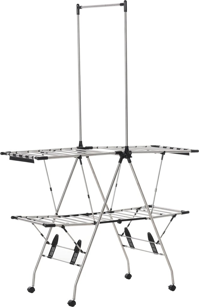 HOMCOM Uscător de rufe cu suport pliabil și roți, spațiu mare de uscare, oțel inoxidabil 138,5 x 63 x 208 cm argintiu negru | Aosom Romania