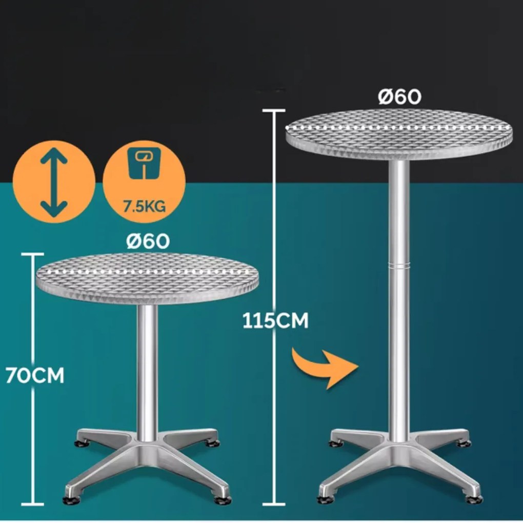 Masă de bar reglabilă din aluminiu NERO, Ø60 cm, argintiu Casaria