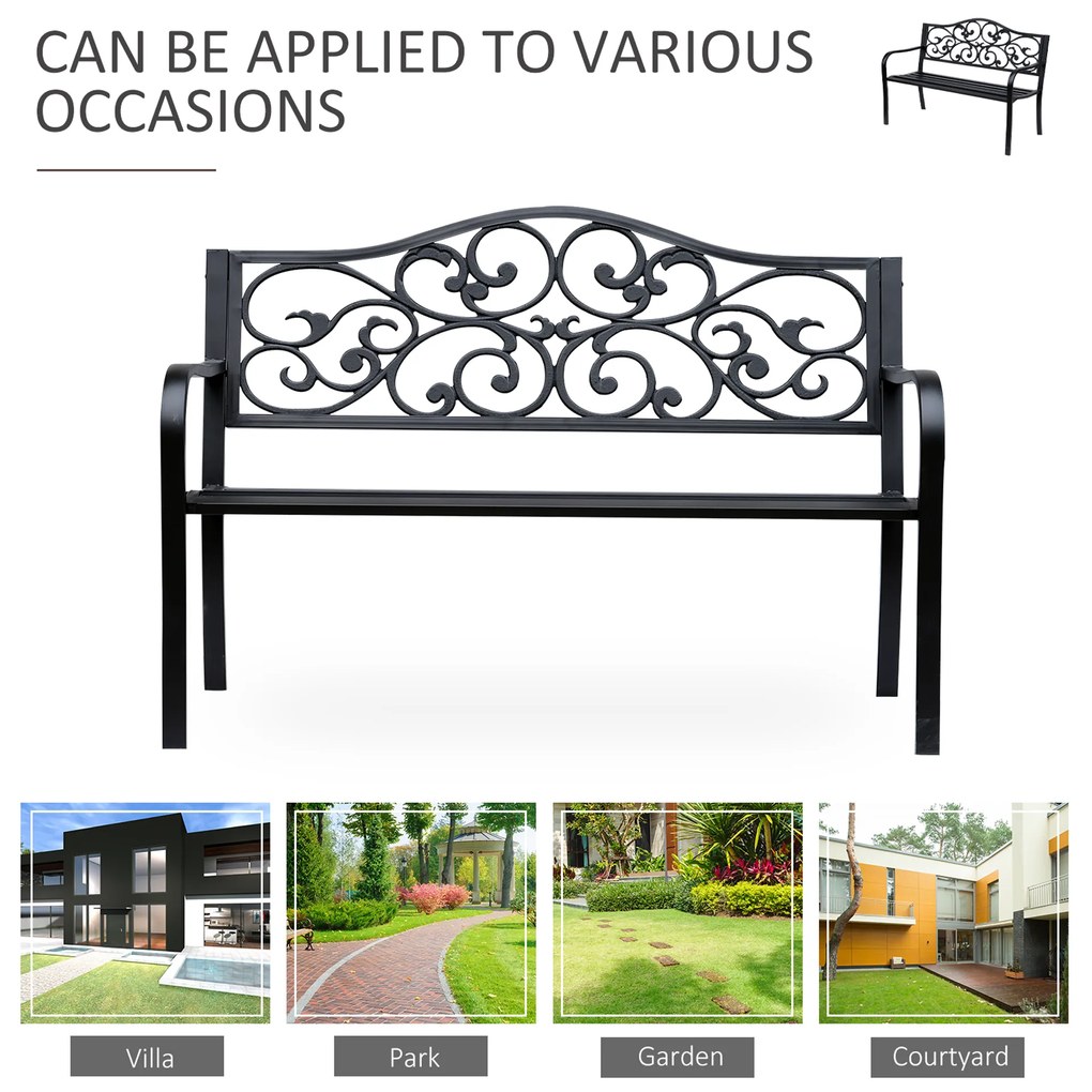 Outsunny Banca pentru exterior din fonta si metal, banca pentru gradina 2 locuri cu spatar inalt decorat, 127x60x89cm, negru