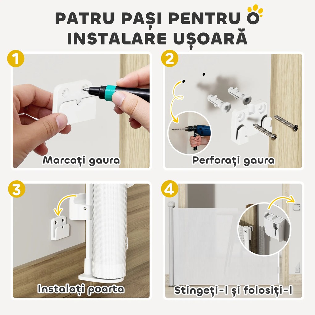 PawHut Gard Extensibil pentru Câini 0-144cm cu Blocare Automată, Alb | Aosom Romania