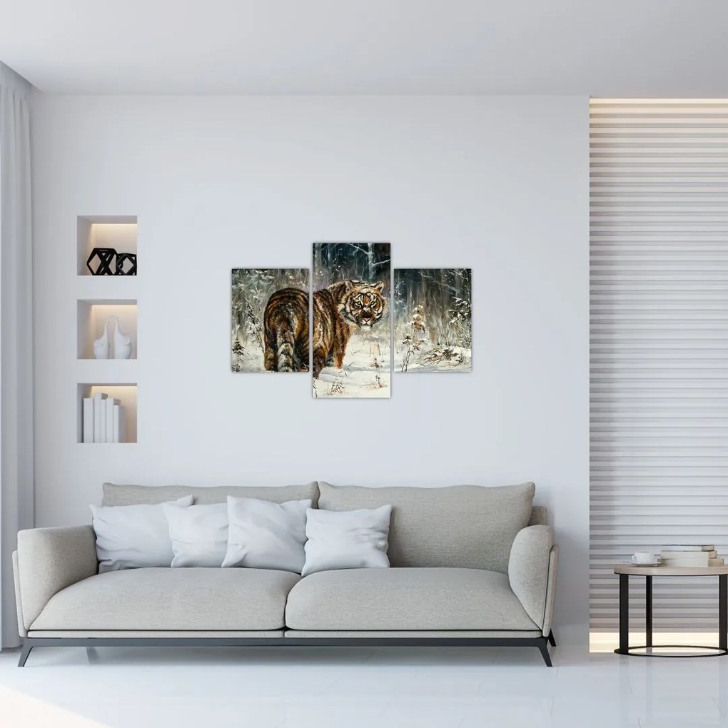 Tablou - Tigru într-o pădure înzăpezită, pictură în ulei (90x60 cm)