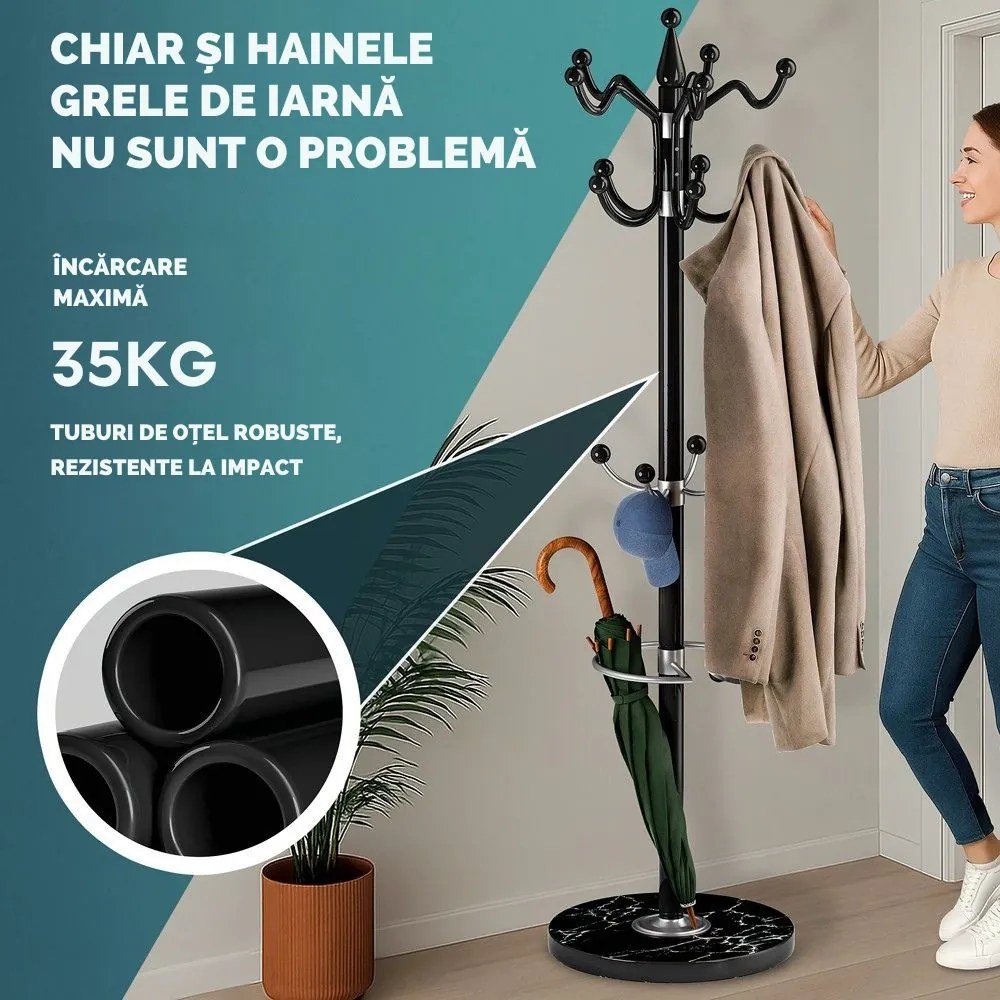 Cuier de podea TENZY cu bază din marmură, 37x173cm, negru Casaria