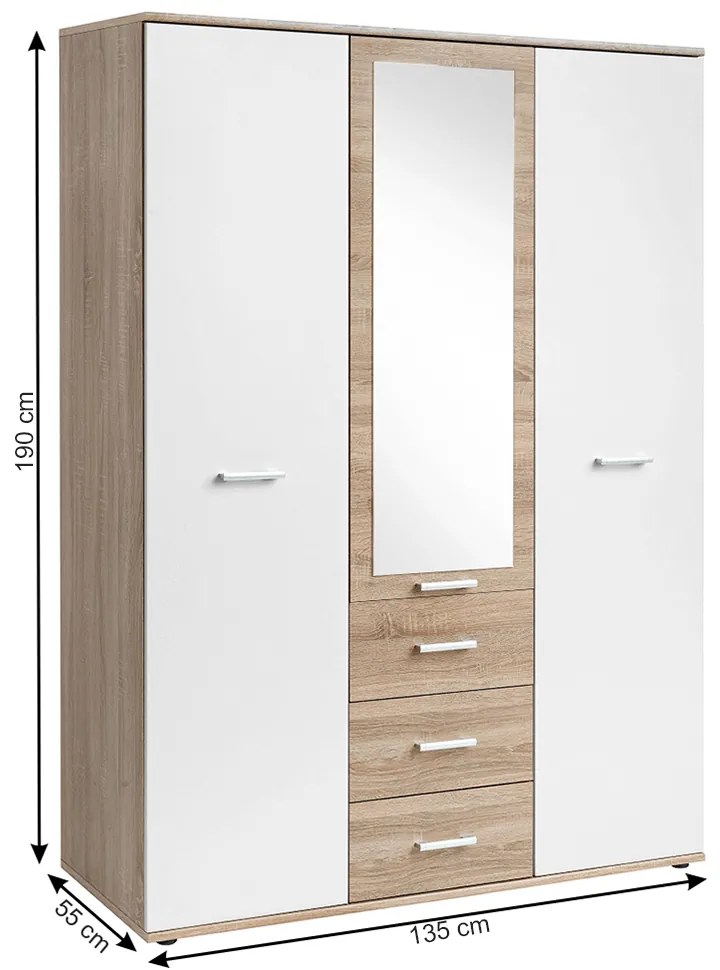 Dulap cu trei uşi, stejar sonoma/alb, EMIO TYP 01