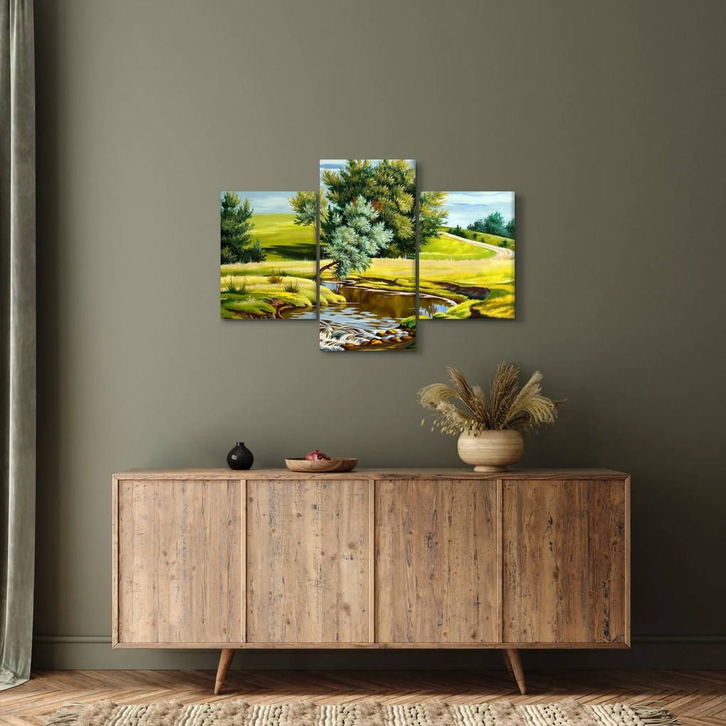 Tablou - Râu între câmpii, pictură în ulei (90x60 cm)