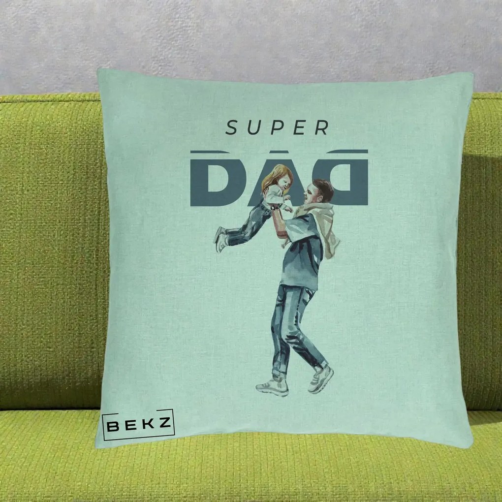 Cadou pentru Tata - Perna Personalizata Super DAD Tata si Fiica, 40x40 cm, Verde Menta, Husa Detasabila, Perna Inclusa, BEKZ®