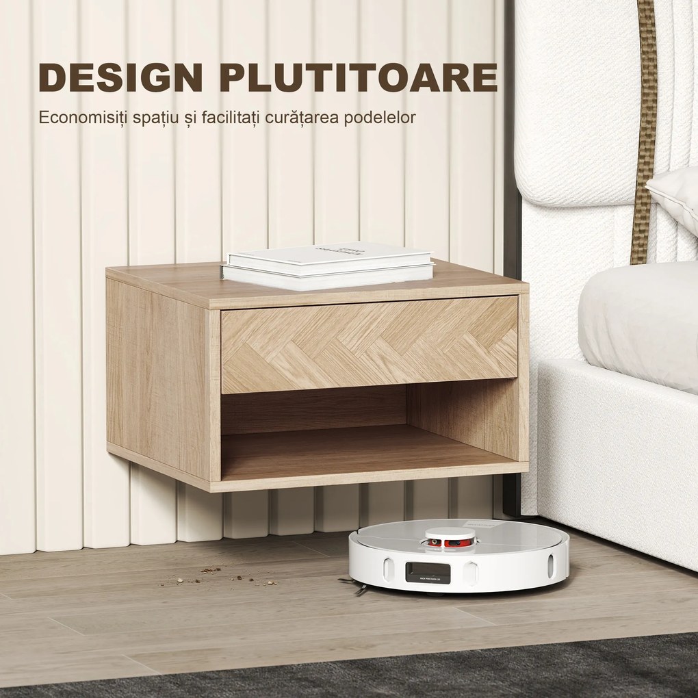HOMCOM Set de 2 Noptiere Suspendate cu Sertar și Compartiment 37x32x21 cm Lemn Natural | Aosom Romania