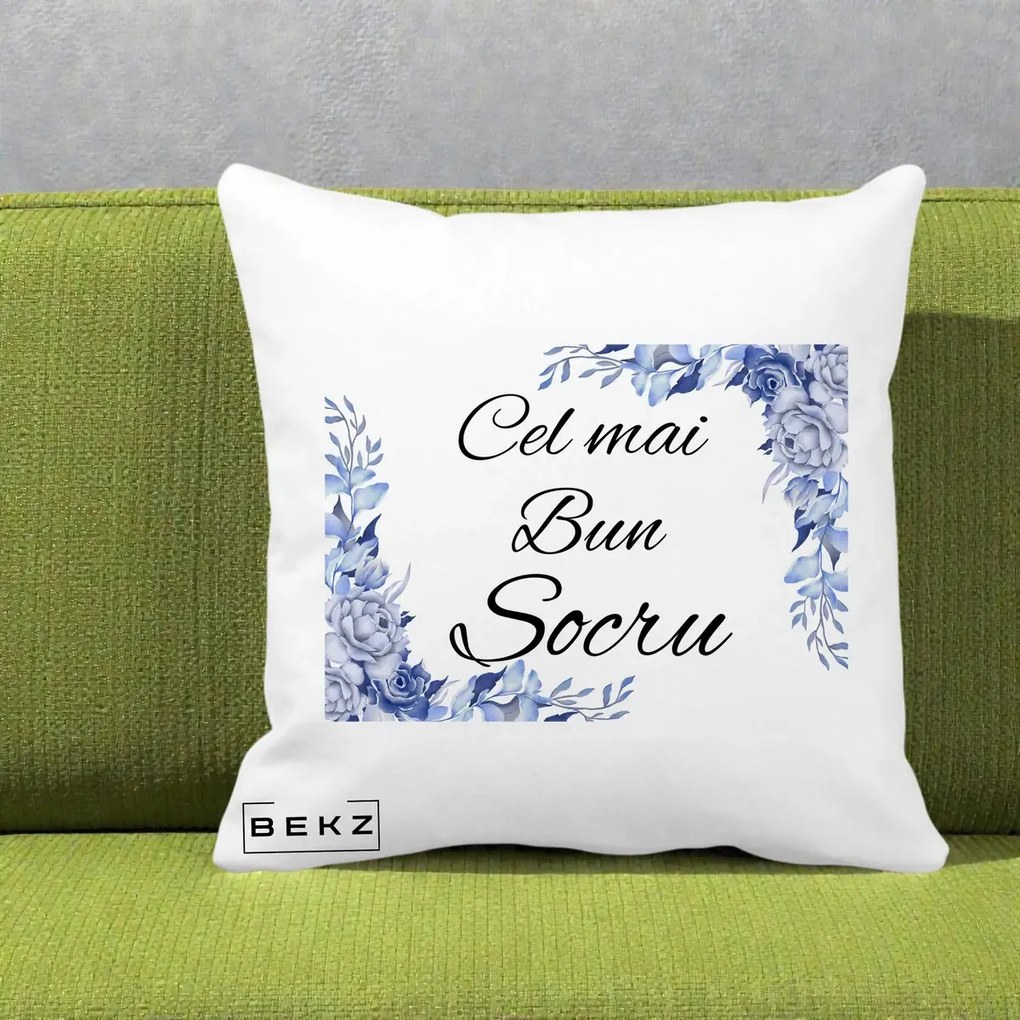 Cadou pentru Socru - Perna Personalizata Cel mai Bun Socru cu Flori Albastre Acuarela, 40x40 cm, Alba Mata, Husa Detasabila, Perna Inclusa, BEKZ®