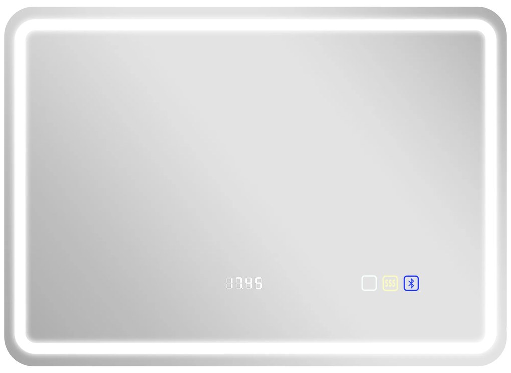 HOMCOM Oglindă de Baie cu LED 70x50 cm cu Bluetooth 3 Culori de Lumină Ceas Digital Funcție Antighear Funcție de Memorie | Aosom Romania