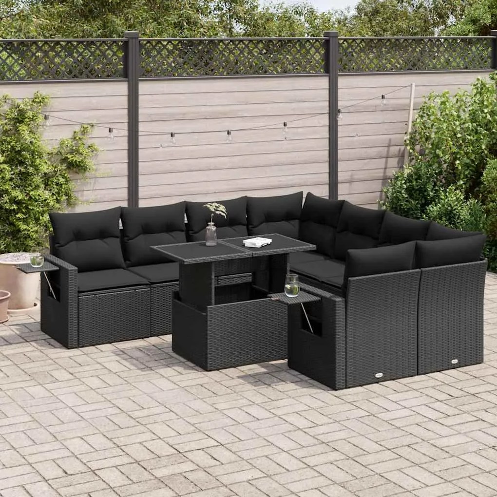 vidaXL Set mobilier de grădină cu perne, 9 piese, negru, poliratan