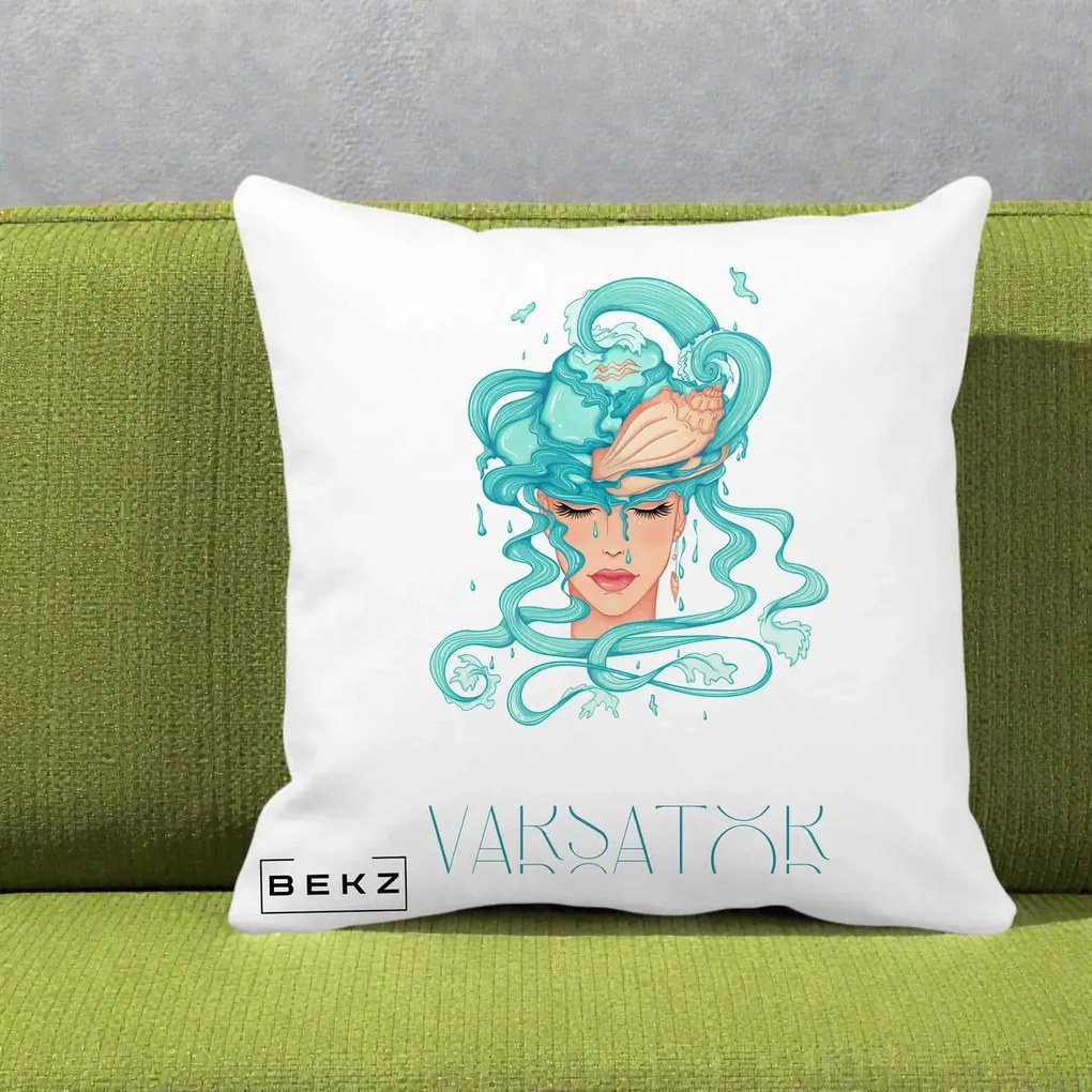 Perna Personalizata Zodiac Varsator Cowgirl, 40x40 cm, Alba Mata, Husa Detasabila, Perna Inclusa, BEKZ®