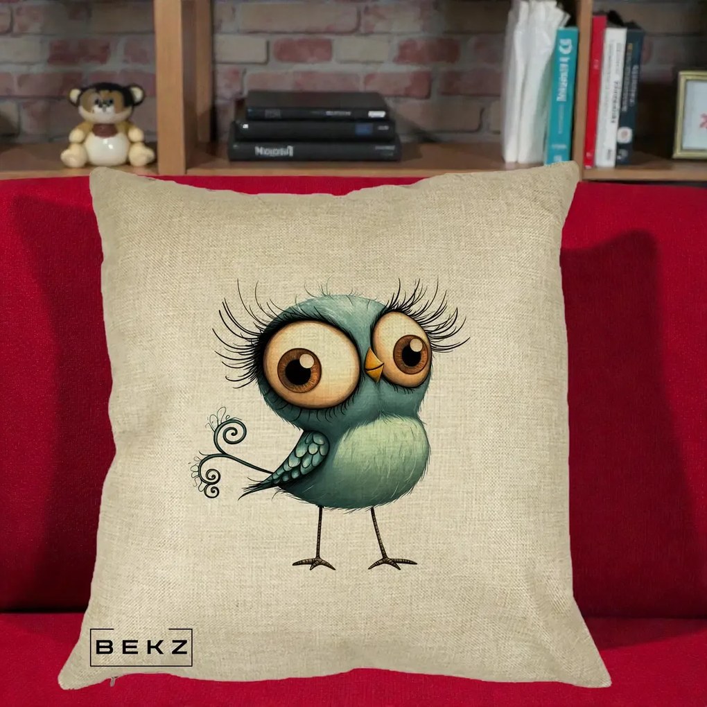 Perna Decorativa Pasare Teal cu Gene si Coada Spiralata, 40x40 cm, Crem, Husa Detasabila, Perna Inclusa, BEKZ®