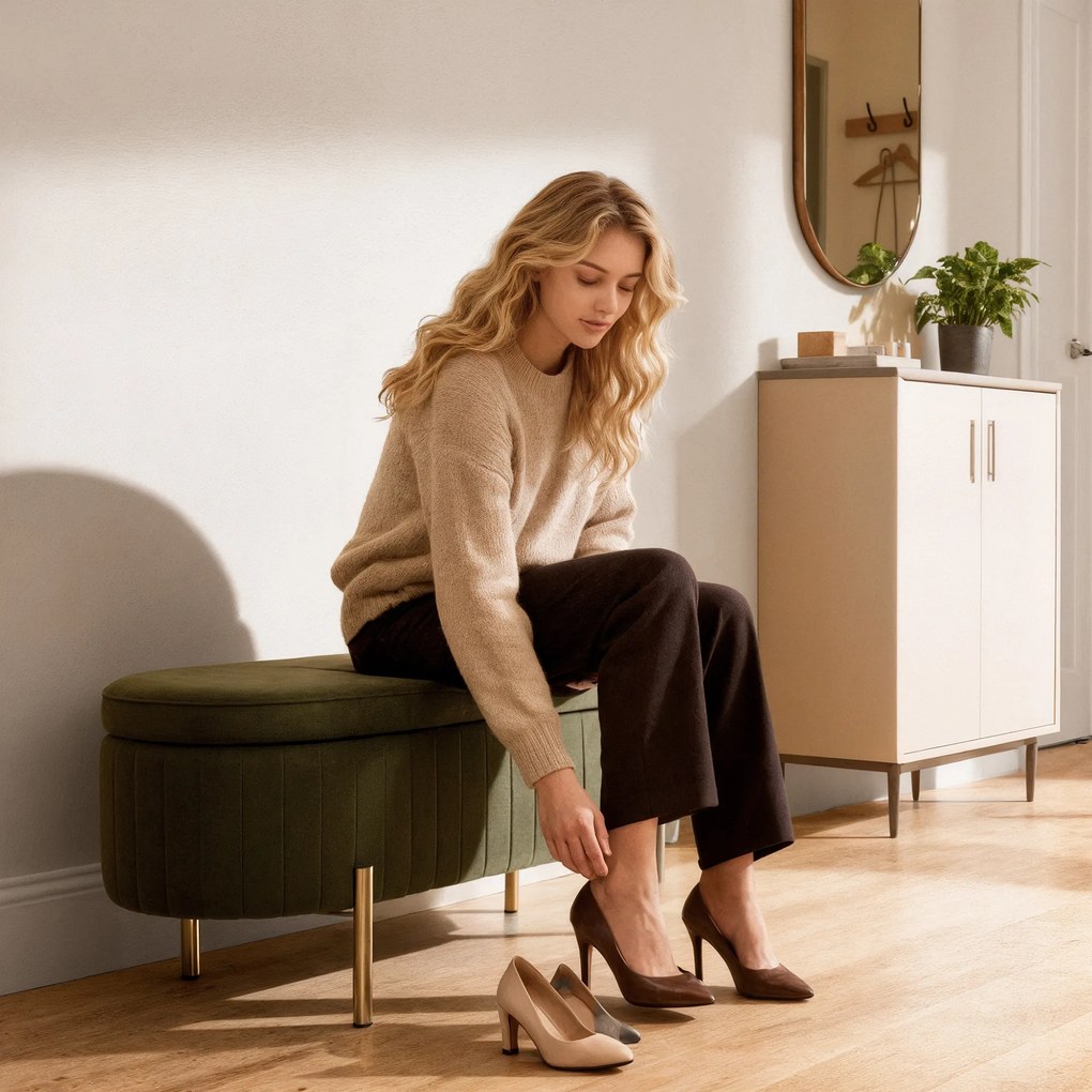 HOMCOM Băncuță Tapițată pentru Dormitor cu Capitonaj Canelat și Picioare Metalice, 108x44x43,5 cm, Verde | Aosom Romania