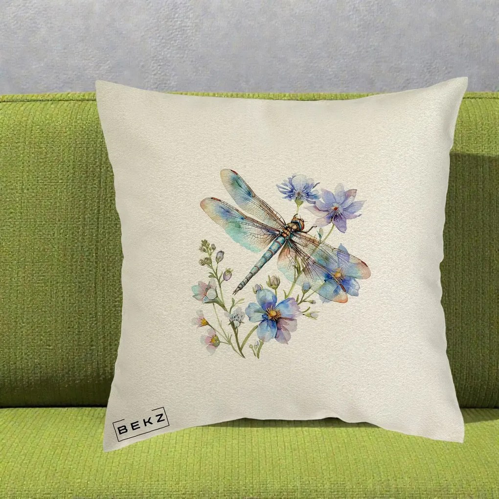 Perna Decorativa Libelula Acuarela Flori Albastre, 40x40 cm, Ecru, Husa Detasabila, Perna Inclusa, BEKZ®