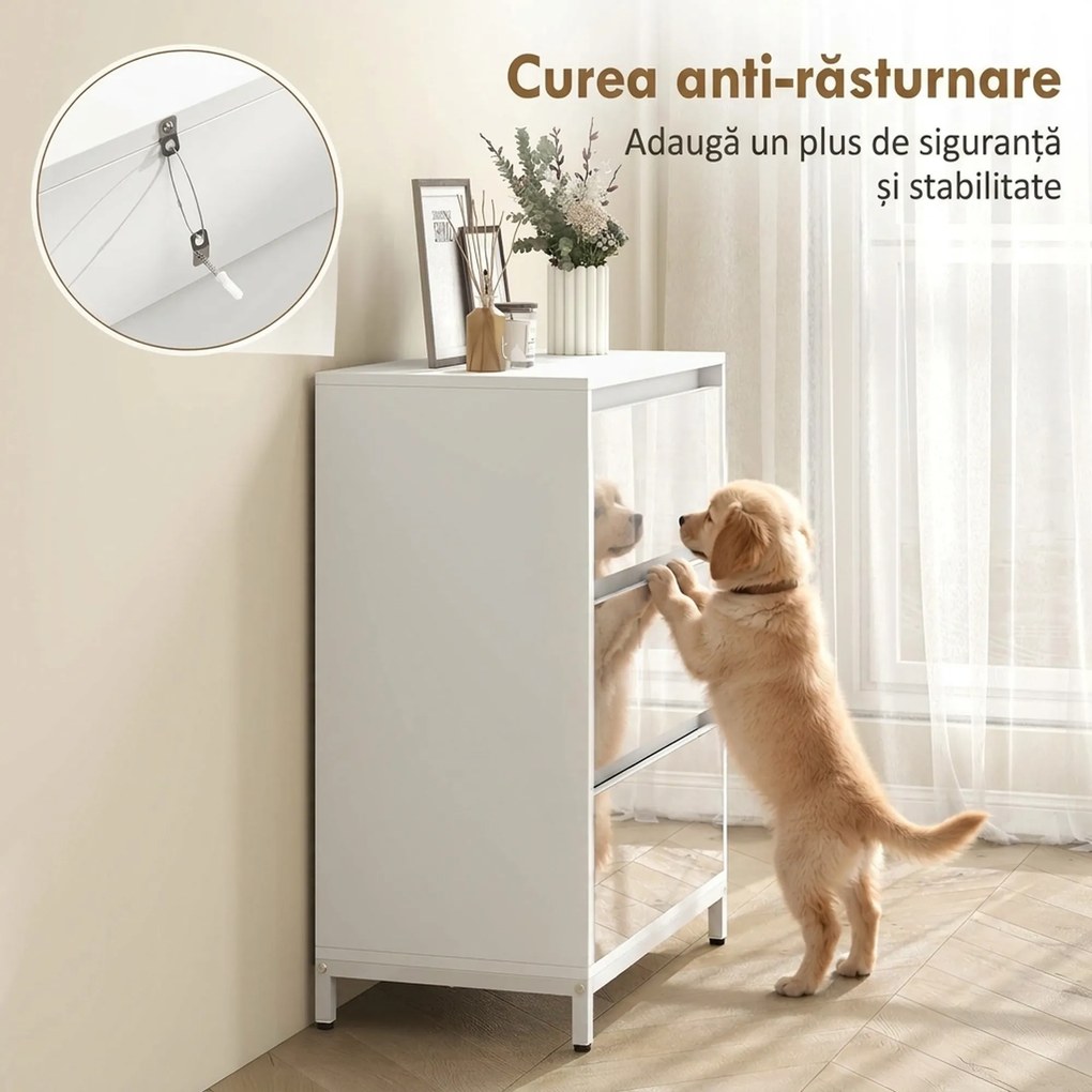 HOMCOM Comodă cu 3 Sertare și Fronturi Oglindă, Design Modern pentru Dormitor sau Hol, 60x35x80 cm, Albă | Aosom Romania