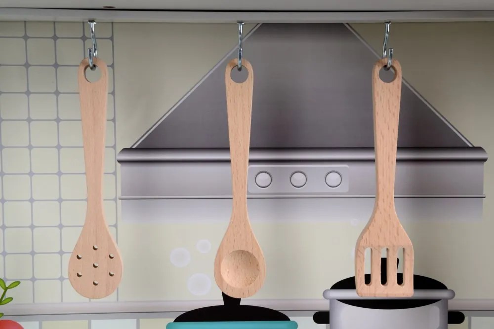 Bucătărie de jucărie din lemn pentru copii cu iluminare LED, accesorii și efecte sonore