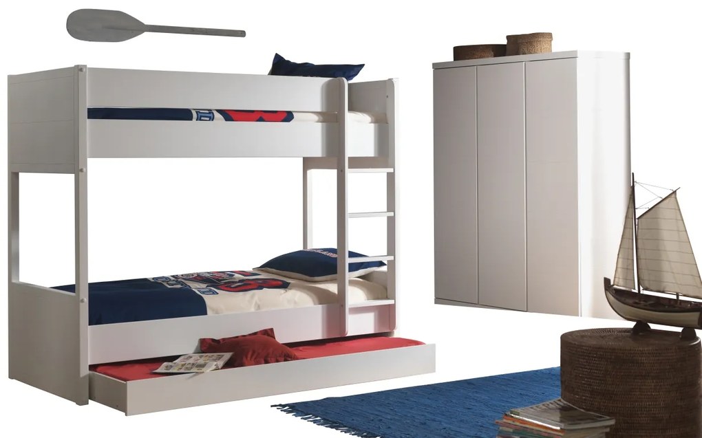 Set Dormitor Lara pentru Copii/Tineri, Alb – Pat Suprapus 90x200 cm, Sertar Pat & Dulap 3 Uși – Vipack