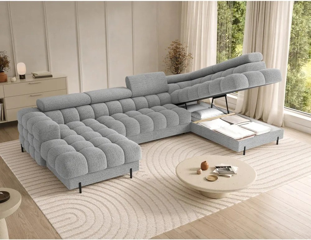 Colțar gri extensibil cu tapițerie din țesătură bouclé (cu colț pe partea dreaptă/în formă de "U") Feraria – ELTAP