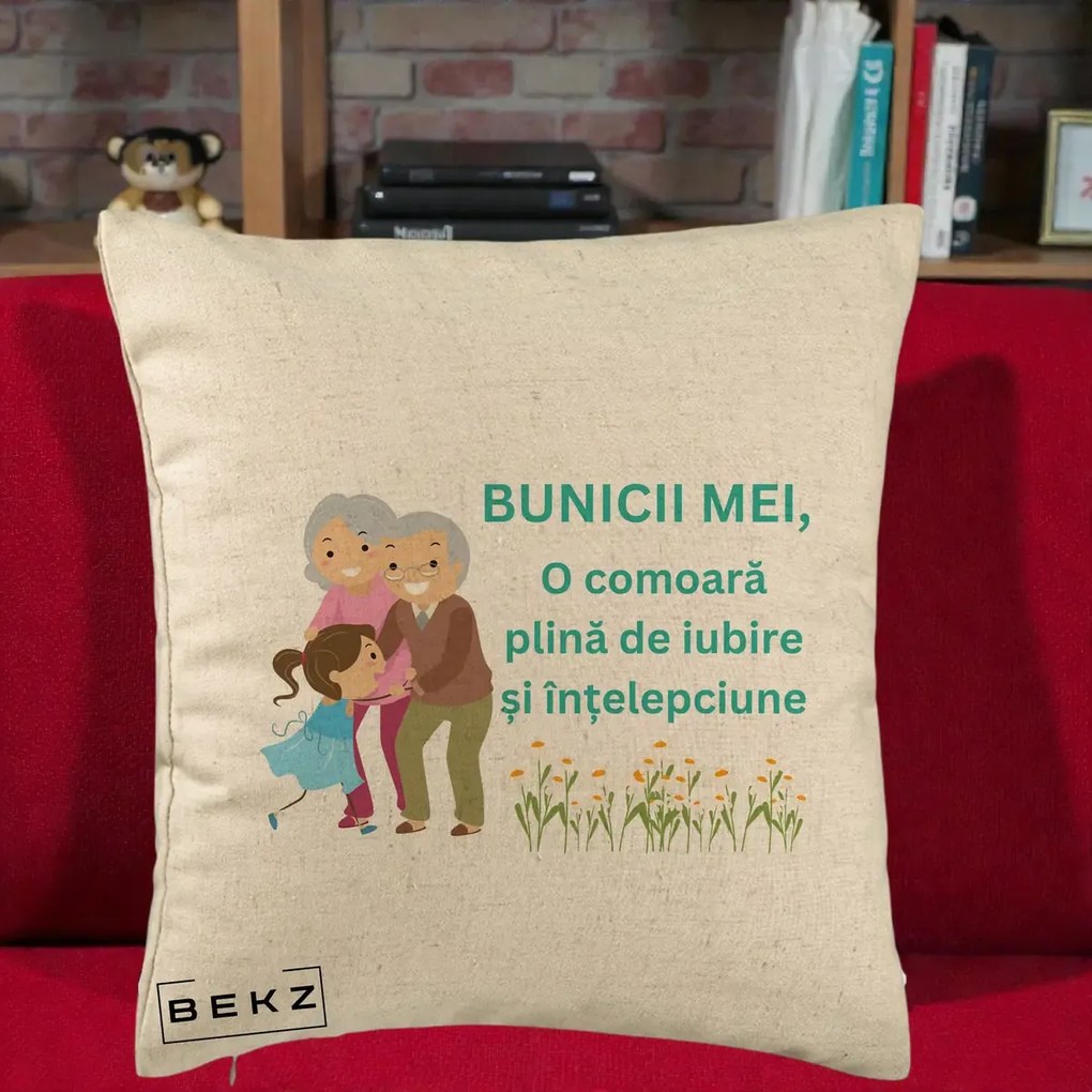 Cadou pentru Bunici - Perna Personalizata Bunicii Mei Comoara Iubire Intelepciune Nepoata, 40x40 cm, Bej, Husa Detasabila, Perna Inclusa, BEKZ®