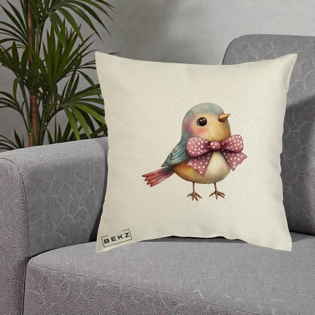 Perna Decorativa Pasare Bleu cu Fundita Roz, 40x40 cm, Ecru, Husa Detasabila, Perna Inclusa, BEKZ®