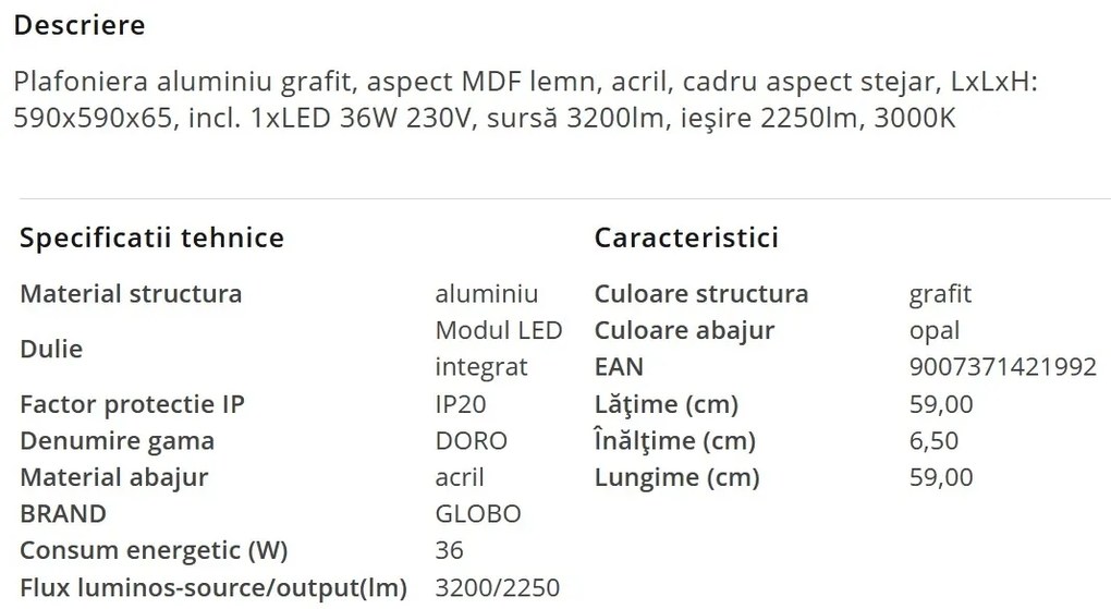 Plafoniera LED cu aspect lemn design slim DORO 36W